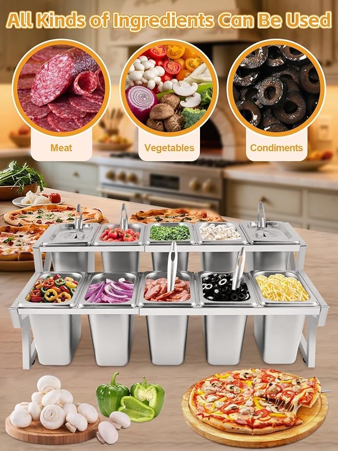 Kalolary 10 Pans Pizza Topping Storage Station, 2 Row Adjustable Stainless - Image 6
