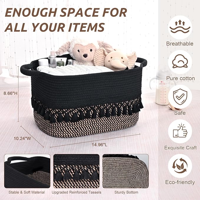 3 Pack Storage Basket for Shelves, Boho Cotton Rope Storage Bins - Image 4
