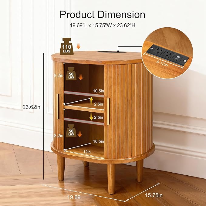 Nightstand with Charging Station, Fluted Accent Side Table with Sliding Door & - Image 2