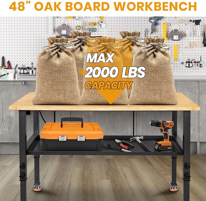48"/60'' Adjustable Workbench, Rubber Wood Top Work Bench Heavy-Duty Work Table - Image 4