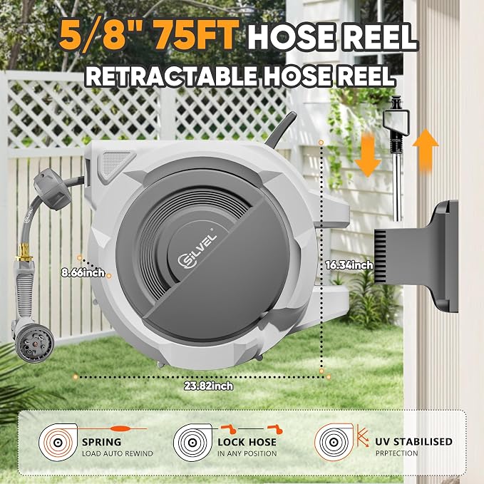 SILVEL Retractable Garden Hose Reel – 5/8 in x 75FT Heavy Duty Automatic Hose - Image 5