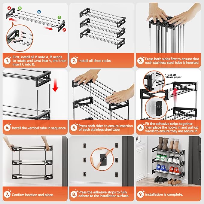 3 Tier Narrow Shoe Rack with Hook and Loop Sticky Adhesive Strips Shoe Shelf - Image 6