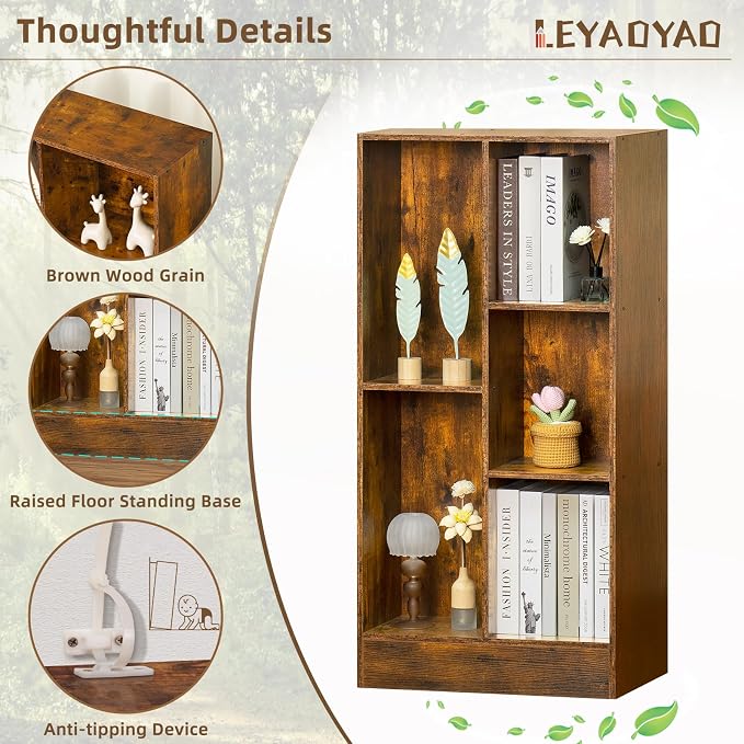 LEYAOYAO 5 Cube Mid-Century Modern Brown Wood Bookcase, 3 Tier Storage - Image 5