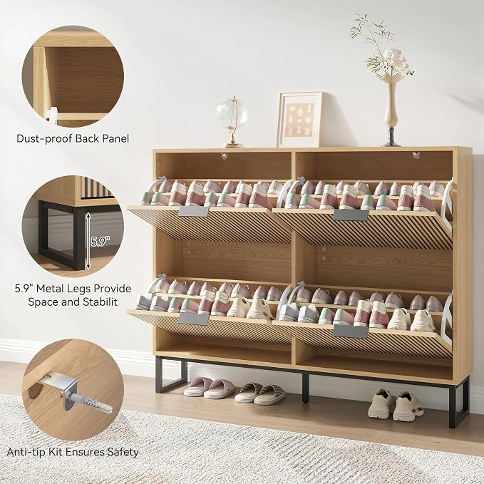 Shoe Cabinet with 4 Flip Drawers, Narrow Wood Shoe Cabinet Storage - Image 5