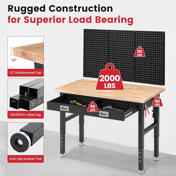 Workbench for Garage with Drawers 48 x 24 Inch Rubberwood Tabletop Work Table - Image 2