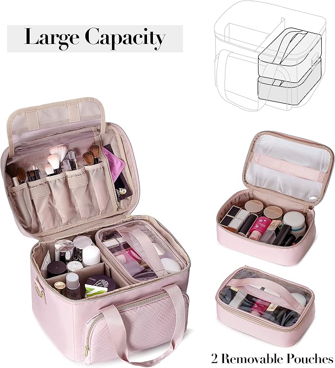 Travel Makeup Bag with 2 Pouches and Adjustable Dividers, Large Cosmetic Case - Image 2