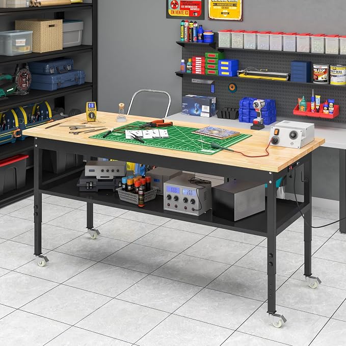 48"/60'' Adjustable Workbench, Rubber Wood Top Work Bench Heavy-Duty Work Table - Image 4