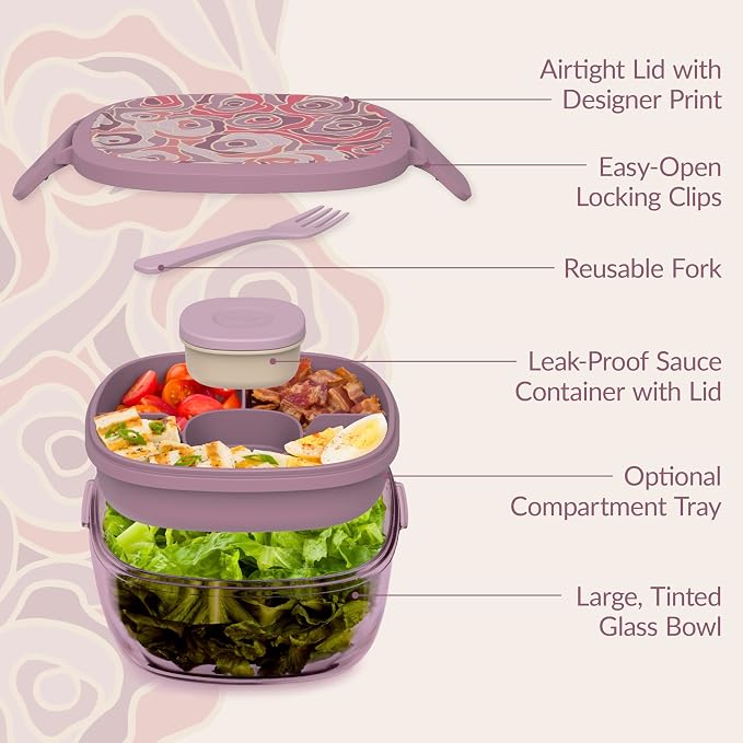 Bentgo Glass Prints All-in-One Salad Container - 61oz Tinted Glass Salad Bowl - Image 5