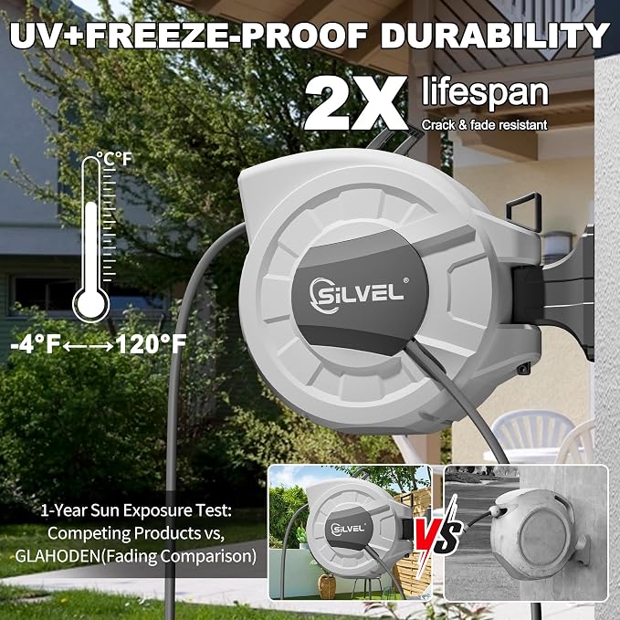 SILVEL Retractable Garden Hose Reel, 1/2 in x 100ft Wall Mount Heavy Duty - Image 4