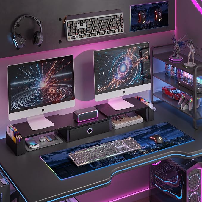 Dual Monitor Stand Riser w/ Drawer & Metal Leg, Large Computer Monitor Riser w/ - Image 2