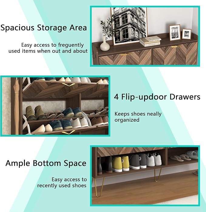 Vibe & Dine 4 Flip Drawer Shoe Cabinet, Mid Century Modern Shoe Organizer - Image 6