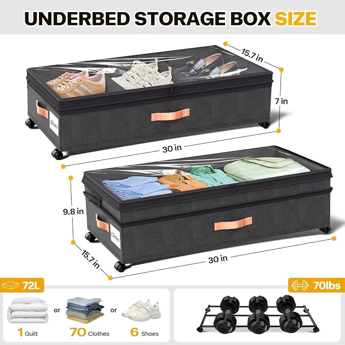 Under Bed Storage with Wheels, 2 Packs XXL Underbed Organizer with Lid - Image 2