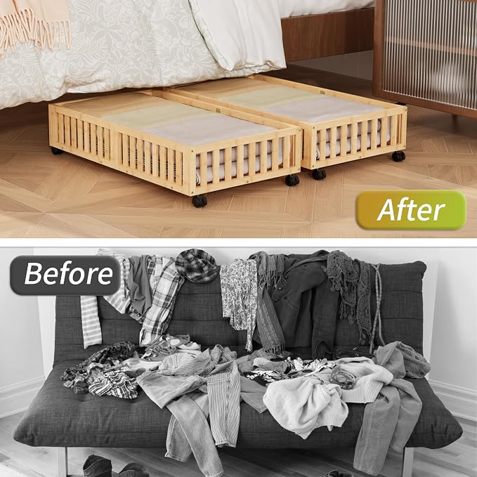 Bamboo Under Bed Storage with Wheels, Rolling Underbed Shoe Organizer Box - Image 6