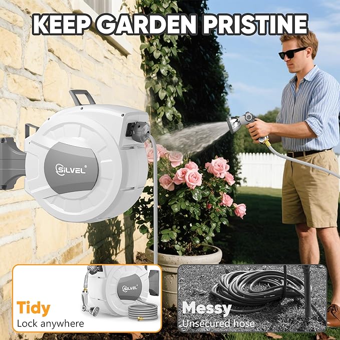 SILVEL Retractable Garden Hose Reel, 1/2 in x 100ft Wall Mount Heavy Duty - Image 2