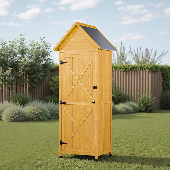 Wooden Outdoor Storage Cabinet, Tall Vertical Garden Tool Shed - Image 7