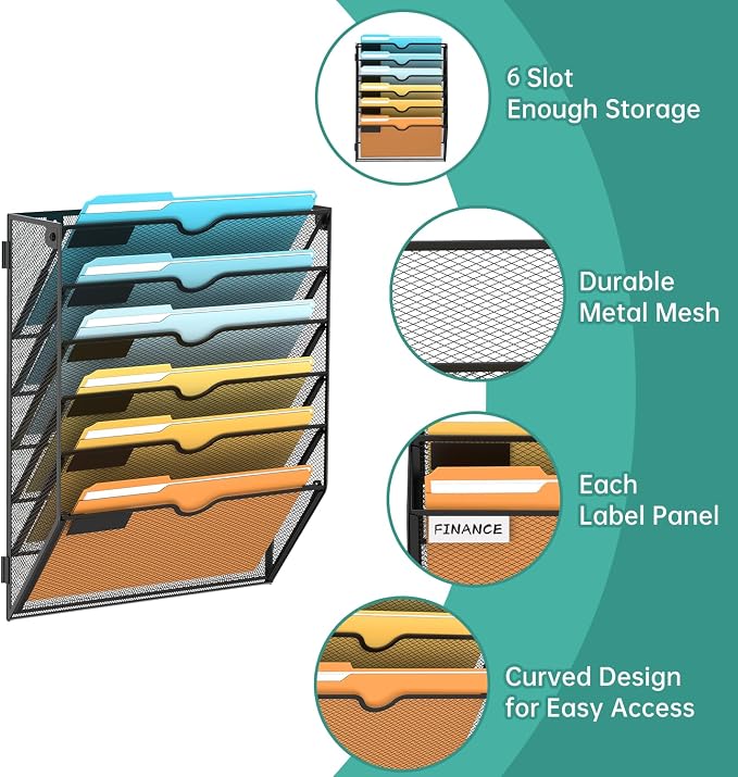 SUPEASY 6-Tier Wall File Organizer Mesh Office Mail Holder, Hanging Wall - Image 3