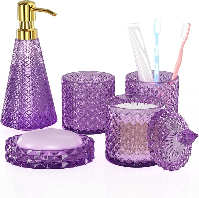Purple Glass Bathroom Accessories Set 5 Pcs, Soap Dispenser and Toothbrush by QIQU