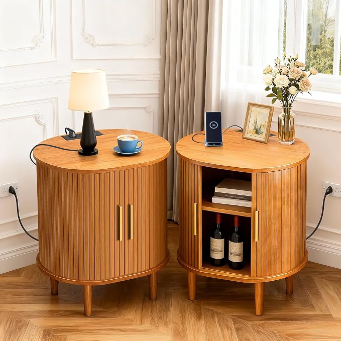 Nightstand with Charging Station, Fluted Accent Side Table with Sliding Door & - Image 5