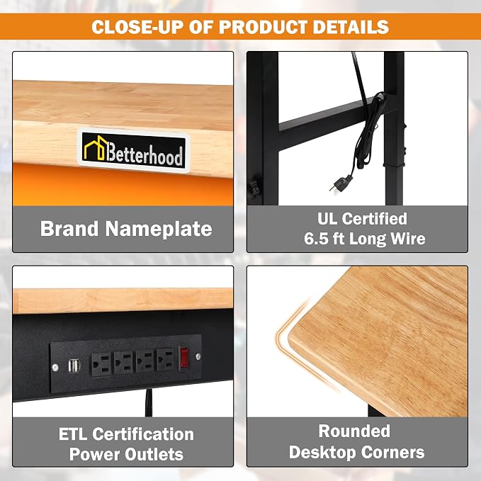 Betterhood Adjustable Height Workbench, 2000 LBS Load Capacity Hardwood - Image 6