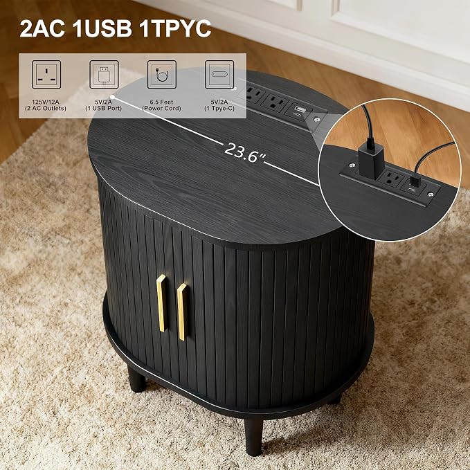 Nightstand with Charging Station, Fluted Accent Side Table with Sliding Door & - Image 4