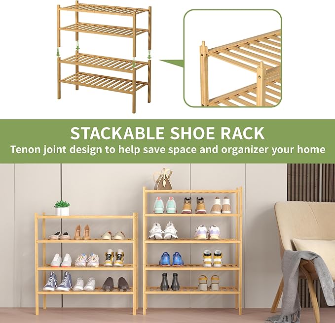 4 Tier Bamboo Shoe Rack for Closet Free Standing Wood Shoe Shelf for Entryway - Image 5
