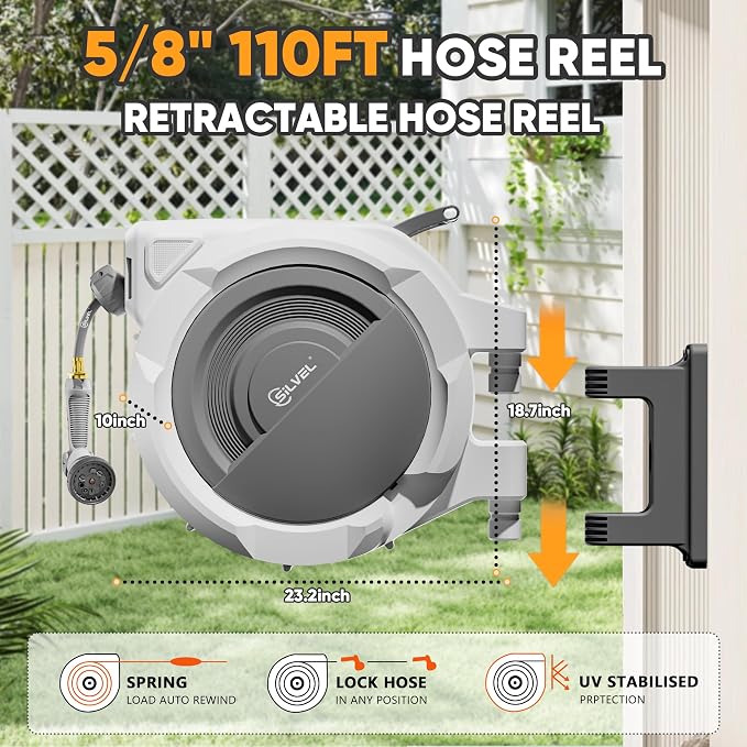 SILVEL Retractable Garden Hose Reel – 5/8 in x 110FT Heavy Duty Automatic Hose - Image 5