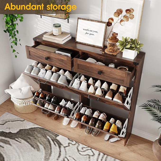 Shoe Cabinet with 4 Flip Drawers & 2 Drawers, Farmhouse Shoe Storage Cabinet - Image 3