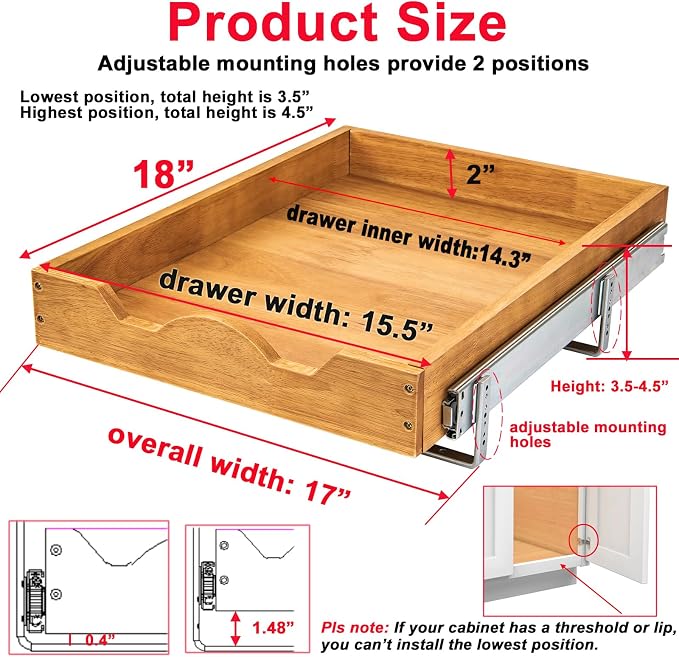 DINDON Pull Out Cabinet Organizer 1 Tier，Single Tier Oak Wood Under Cabinet - Image 2