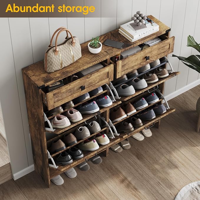 Shoe Cabinet with 4 Flip Drawers & 2 Drawers, Farmhouse Shoe Storage Cabinet - Image 3