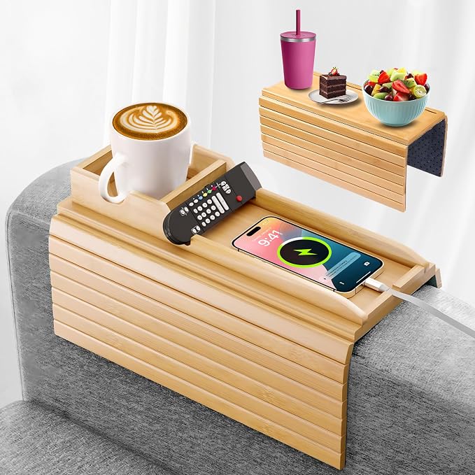 Adjustable Bamboo Couch Cup Holder – Foldable Non-Slip Sofa Arm Tray Couch Caddy by Unknown