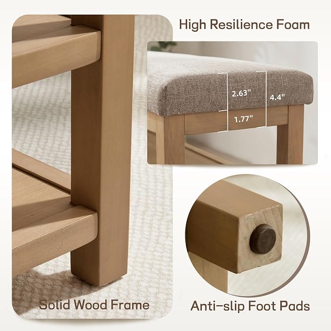 Shoe Rack Bench with Cushion, 2 Tier Solid Wood Storage Bench, Mid-Century - Image 8