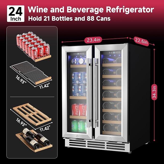 24" Wine and Beverage Refrigerator, Dual Zone Wine Cooler - Image 3