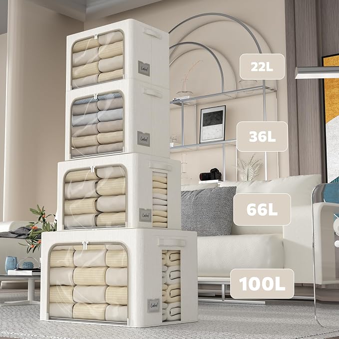 FHSQX 2 Pack Clear Window Storage Bins Large Stackable Linen Fabric Storage - Image 5