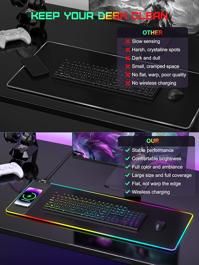 TopMade Mouse Pad with Wireless Charging, 31.5" x 11.81" Large Desk Mat RGB - Image 6