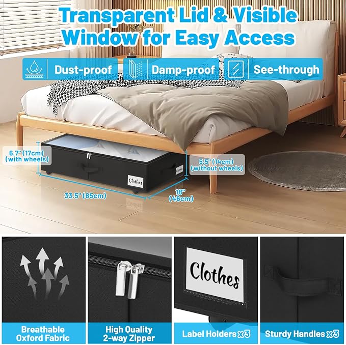 2 Pack Under Bed Storage with Wheels 6.7" Height, Rolling Storage Bins XL 50L - Image 3