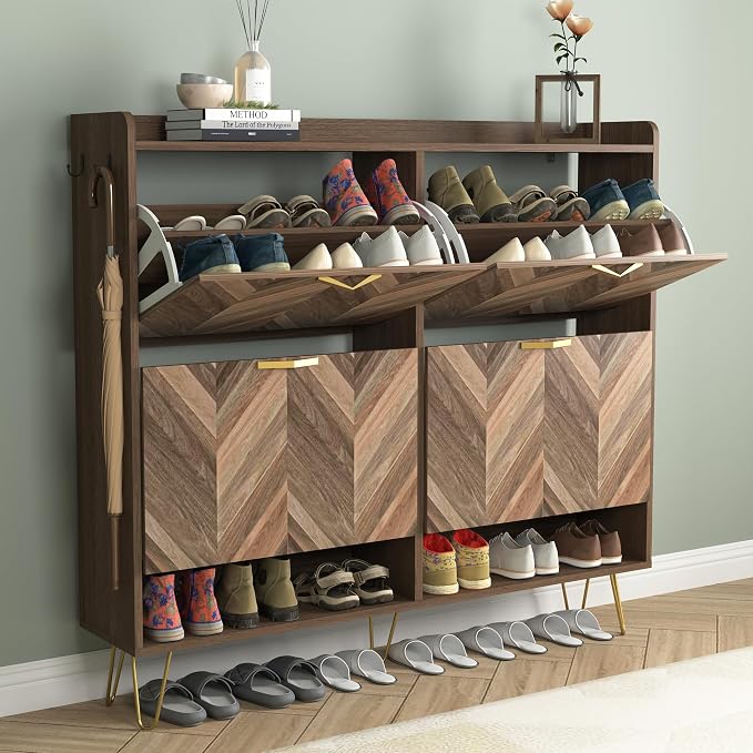 Vibe & Dine 4 Flip Drawer Shoe Cabinet, Mid Century Modern Shoe Organizer by VibeDine
