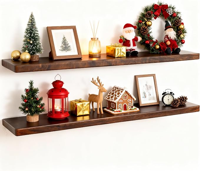 36" Rustic Walnut Wood Floating Shelves, 8 Inch Deep Wall Shelves by FunMemories