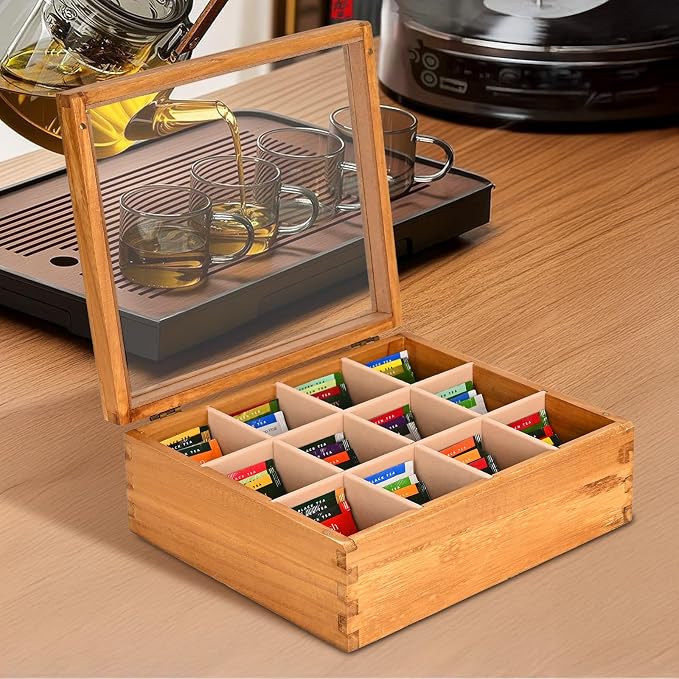 Wood Tea Box Organizer 12 Compartment Multi-Functional Storage Box - Image 6