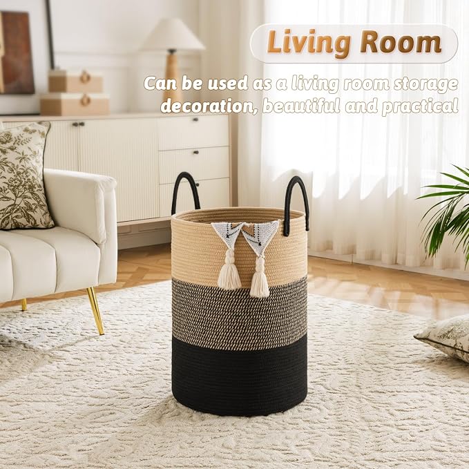 Laundry Basket, Woven Cotton Rope Laundry Hamper, 60L - Image 5