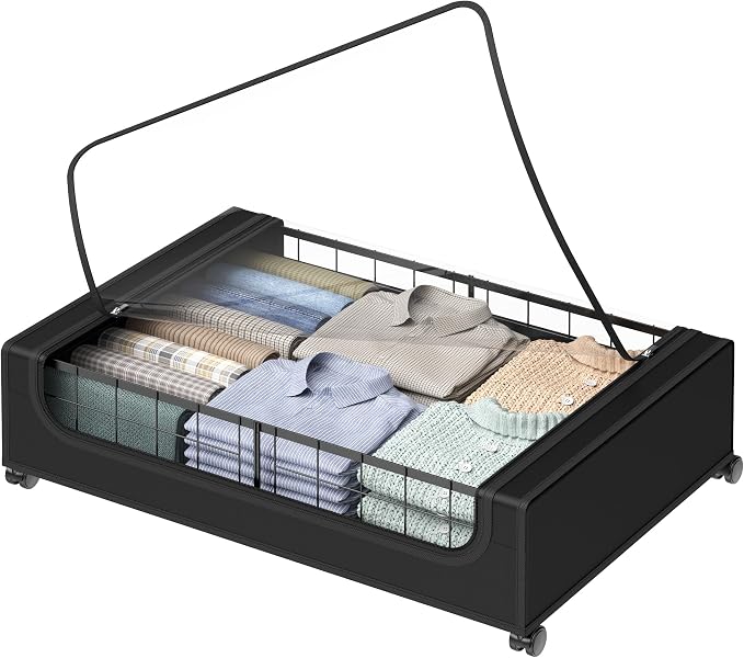 Under Bed Storage with Wheels and Cover, 360° Rolling Under Bed Metal Drawers by Hleelomi