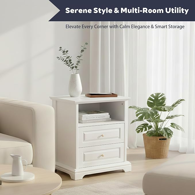 White Nightstand with 2 Drawers & Open Shelf, 21.2"x16.5"x24.0" Bedside Table - Image 9