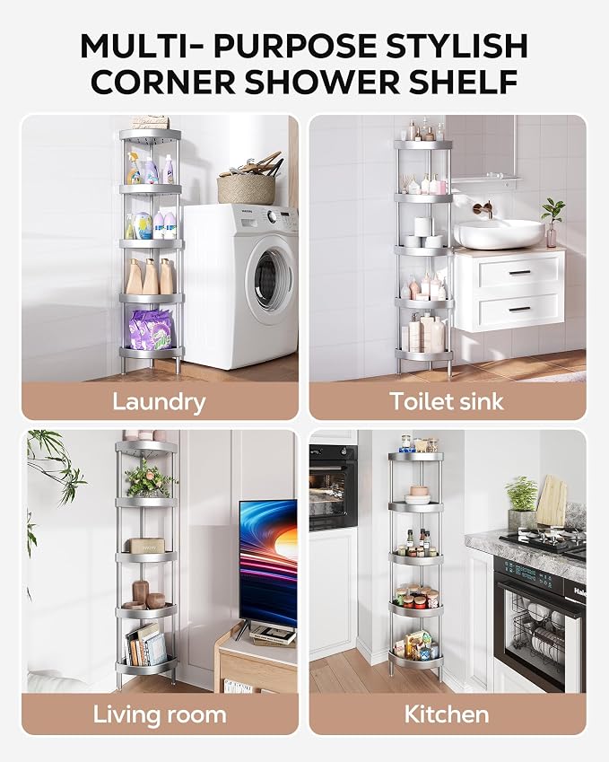 Nieifi Corner Shower Caddy Stand-5 Tier Rustproof Anodized Aluminum Standing - Image 9