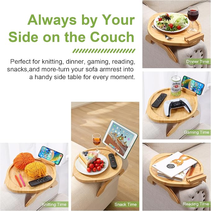 Couch Arm Tray Table, Bamboo Clip-on Couch Arm Tray - Image 3
