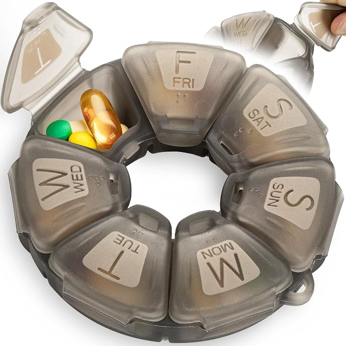 Round Weekly Pill Organizer, TPU Rubberized, Travel Pill Container 7 Day by YAKLIMPILLORGANIZER