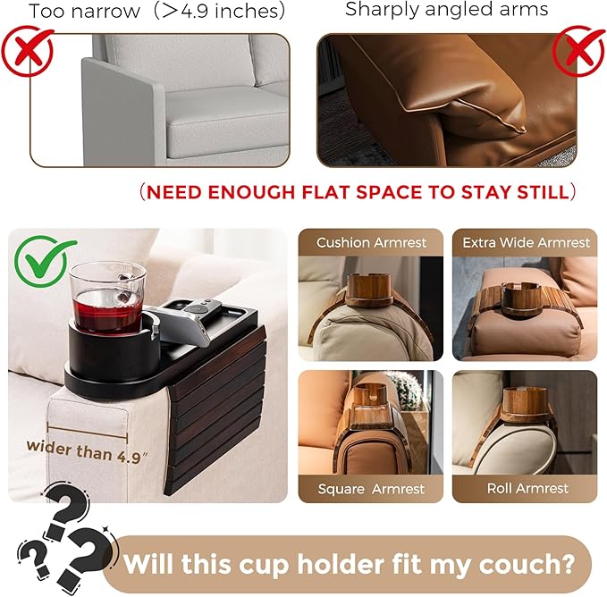 Couch Cup Holder for Thin Armrest Wider Than 4.9'', Bamboo Couch Arm Tray - Image 4