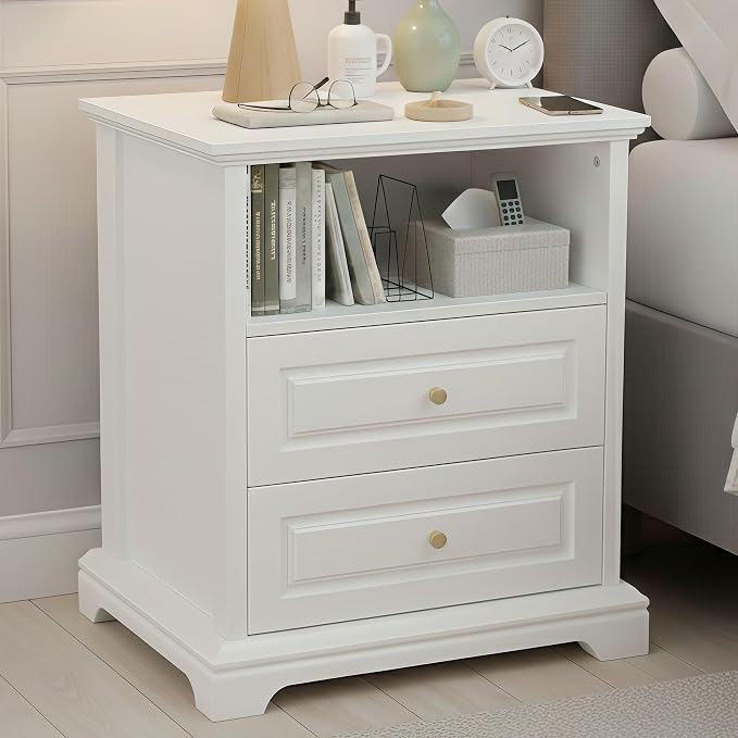 White Nightstand with 2 Drawers & Open Shelf, 21.2"x16.5"x24.0" Bedside Table by TomGear