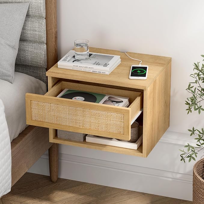 Rattan Floating Nightstands Set of 2, Wall Mounted End Table - Image 5