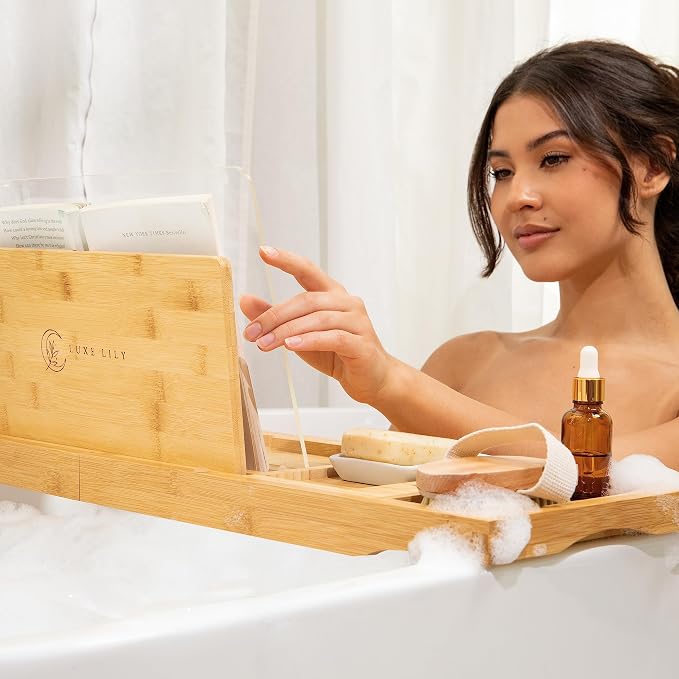 Waterproof Shield Keeps Your Book Open – Extendable Bamboo Bathtub Tray - Image 6