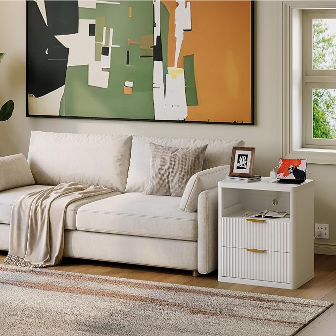 Fluted Nightstand with Charging Station, Bedside Table with 2 Drawers and Open - Image 9