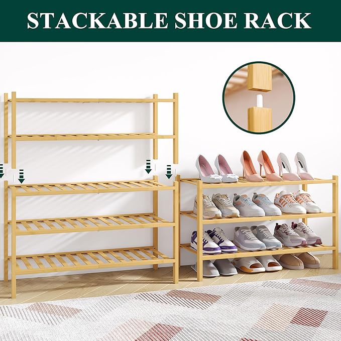 Smiry Bamboo Shoe Rack for Closet, 3 Tier Wooden Stackable Shoe Organizer - Image 7